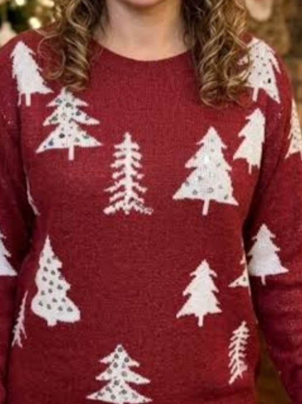 Holiday Time Red Crewneck Sweater with White Tree Motifs